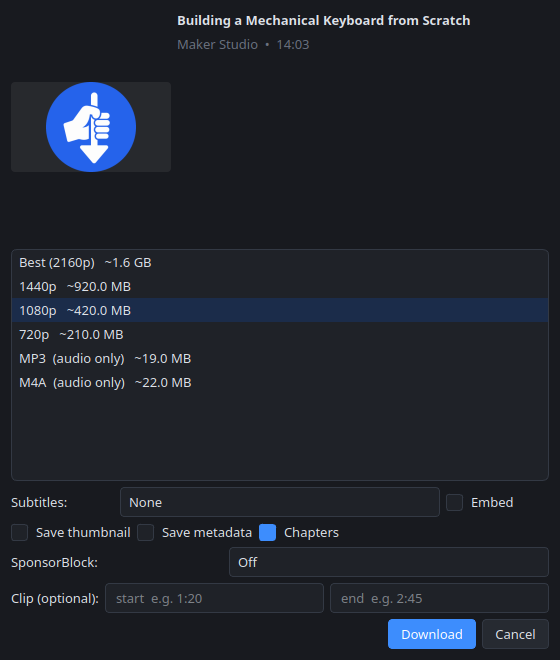 GrabLine quality picker for a video download