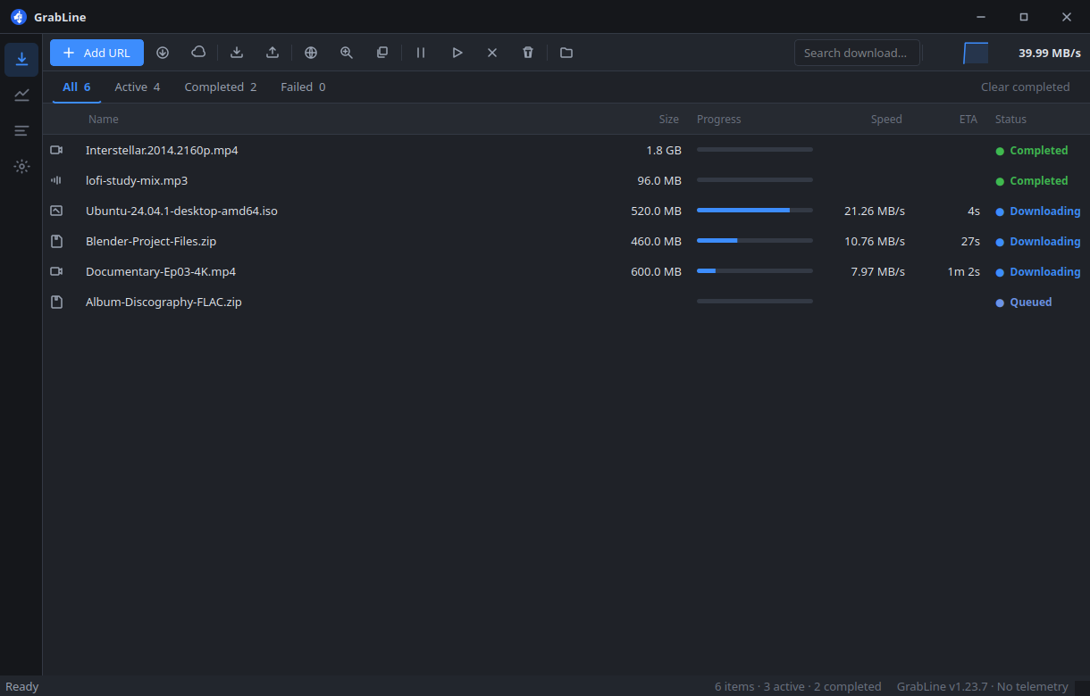 GrabLine downloads window with live speeds