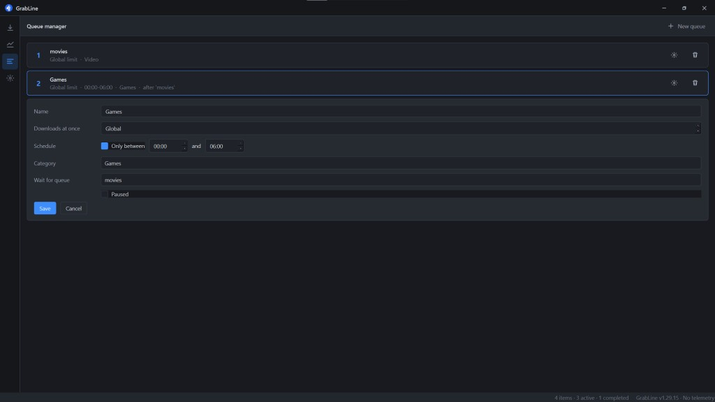 GrabLine queue manager with named queues, schedule window, category, and wait-for-queue
